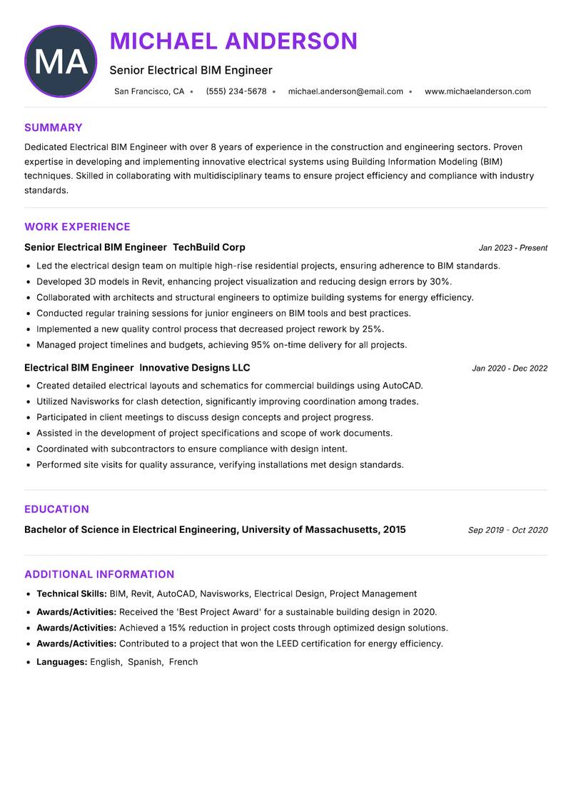 Electrical BIM Engineer Resume Preview Example