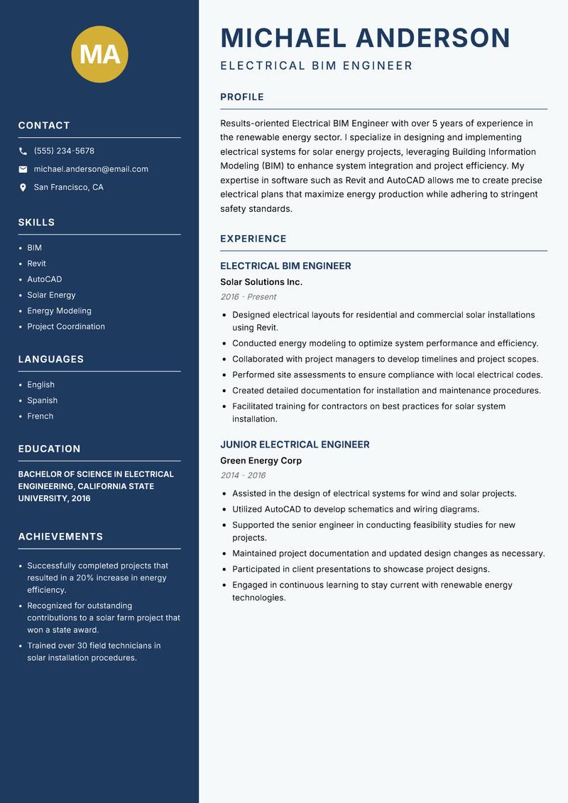 Electrical BIM Engineer Resume Preview Example