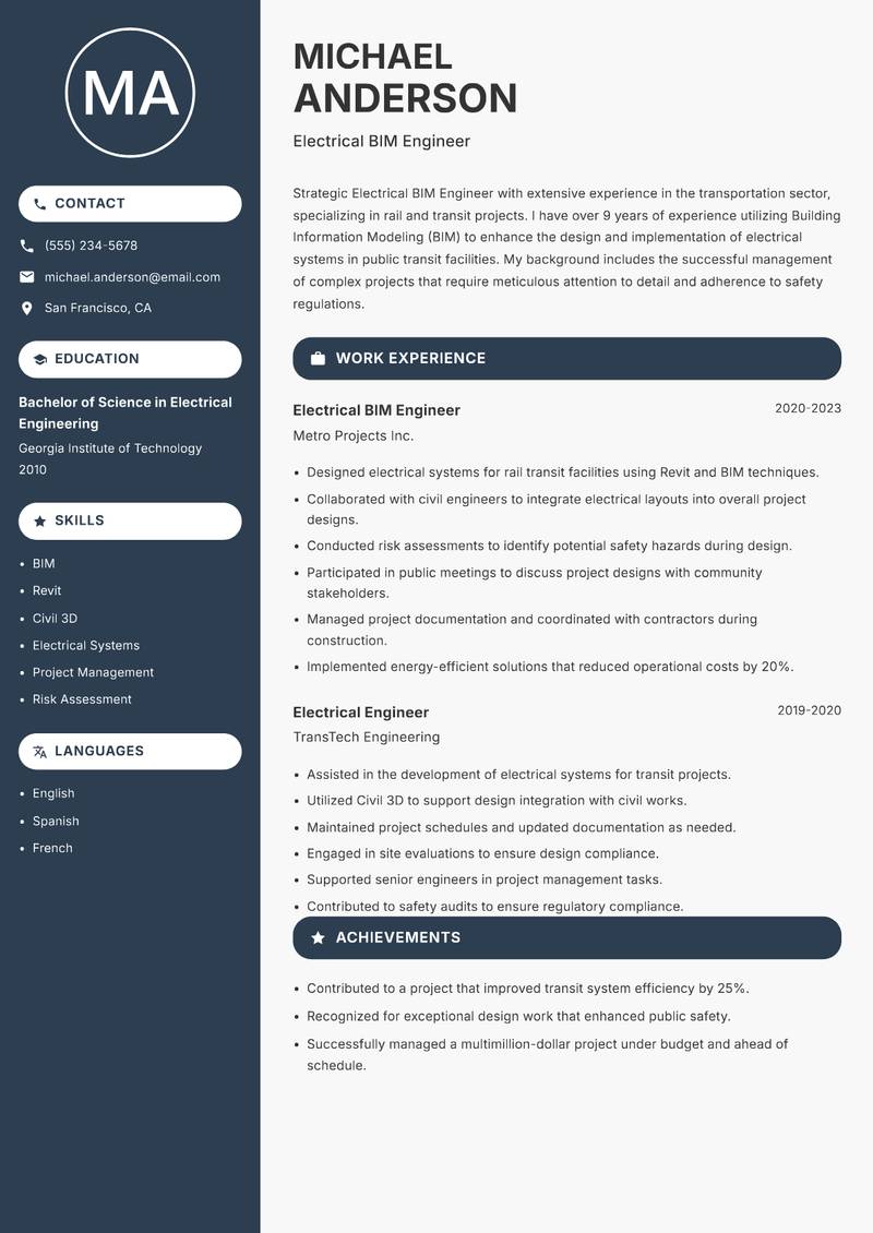 Electrical BIM Engineer Resume Preview Example