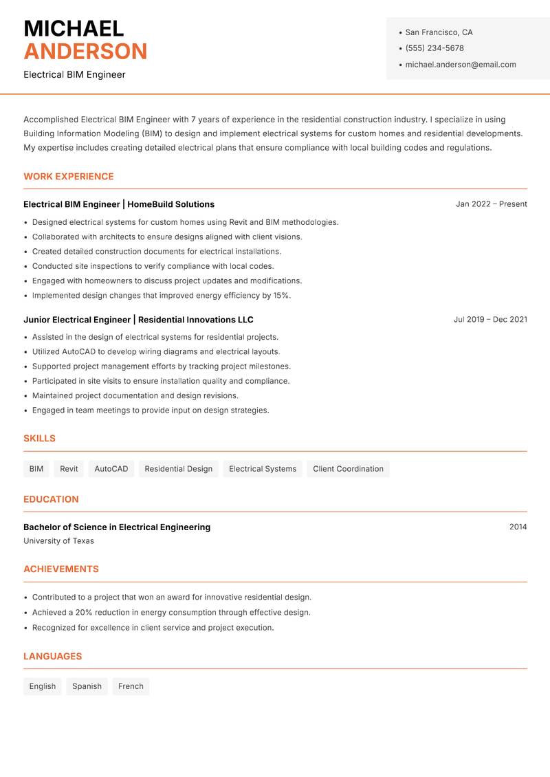 Electrical BIM Engineer Resume Template
