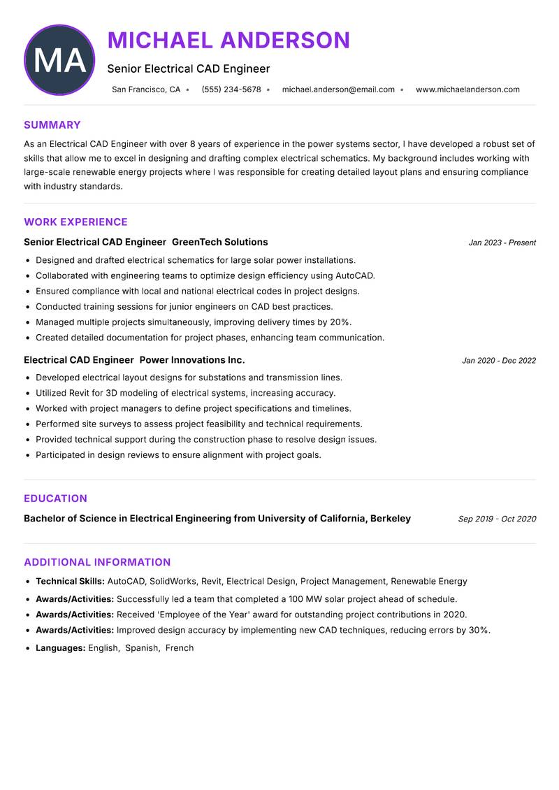 Electrical CAD Engineer Resume Preview Example