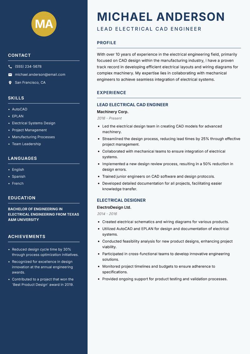 Electrical CAD Engineer Resume Preview Example