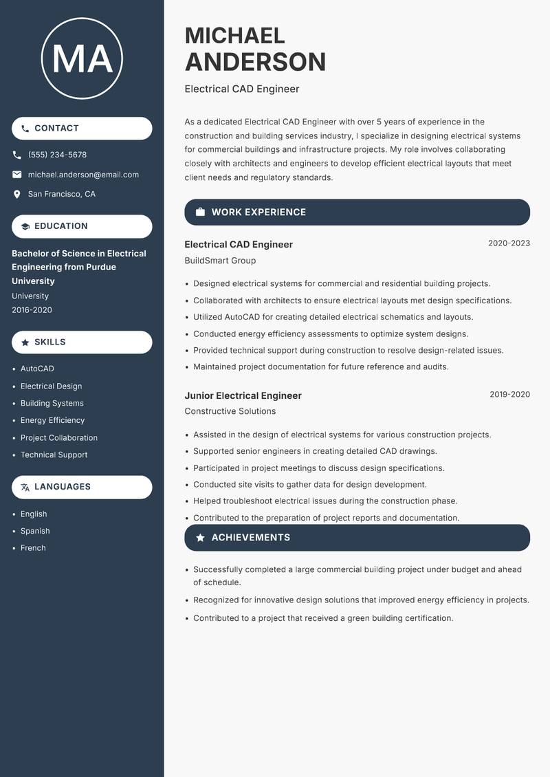 Electrical CAD Engineer Resume Preview Example