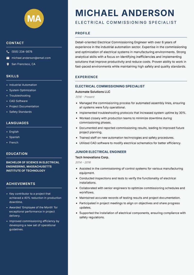 Electrical Commissioning Engineer Resume Preview Example