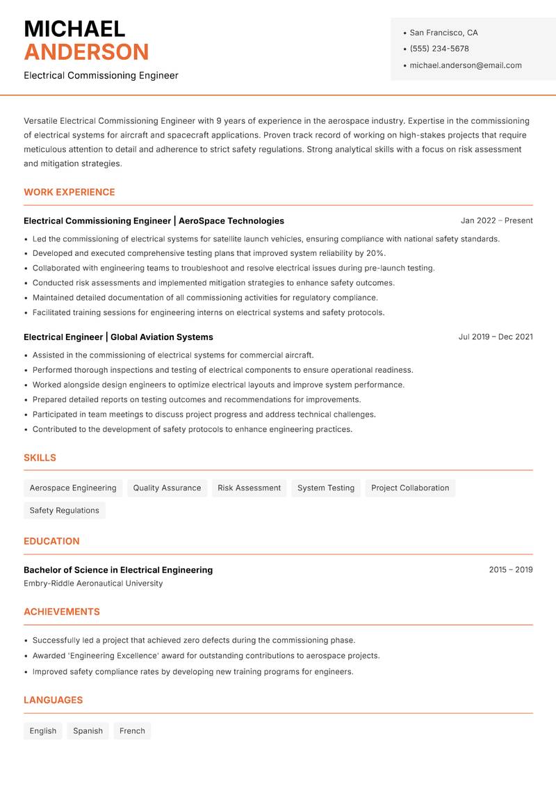 Electrical Commissioning Engineer Resume Template