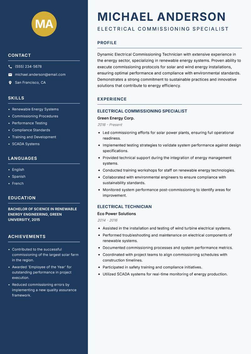 Electrical Commissioning Technician Resume Preview Example