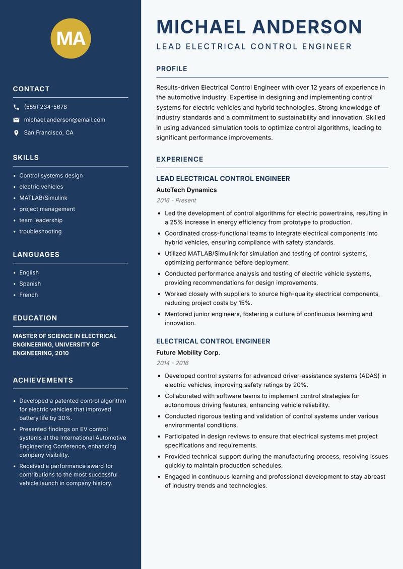 Electrical Control Engineer Resume Preview Example