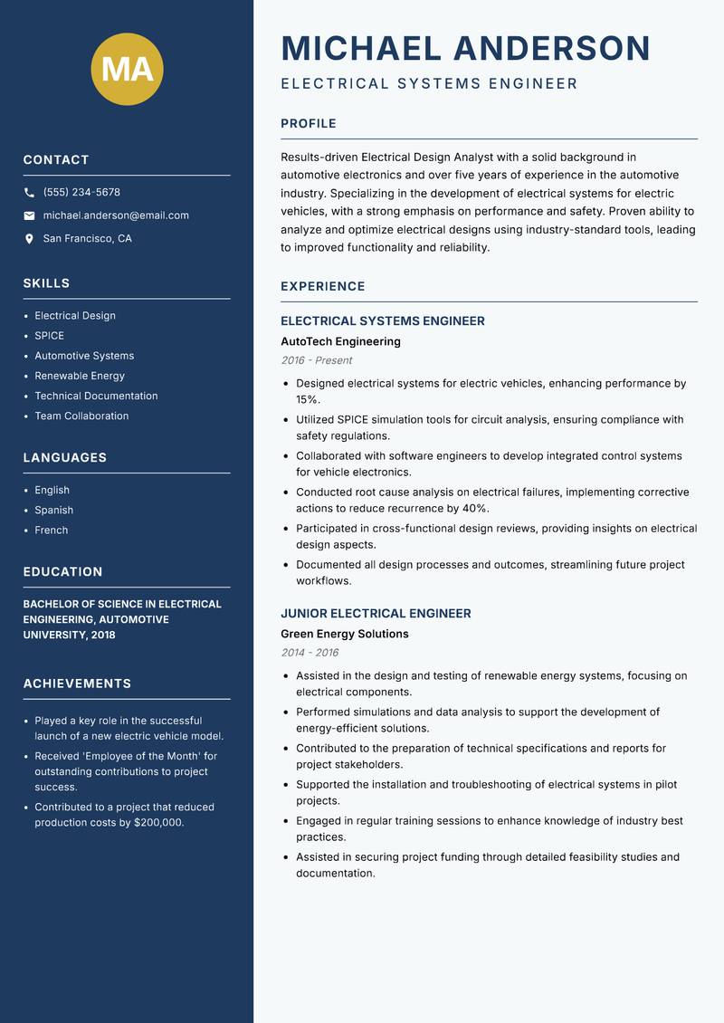 Electrical Design Analyst Resume Preview Example
