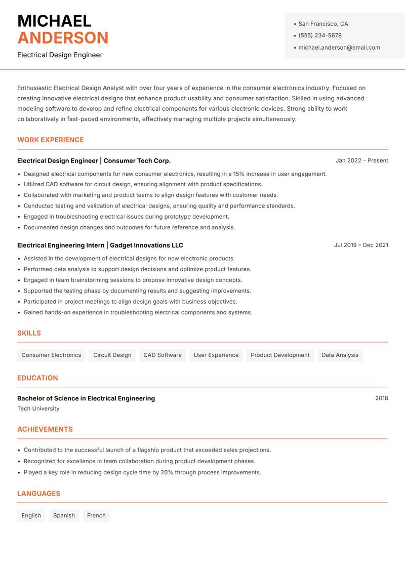 Electrical Design Analyst Resume Template