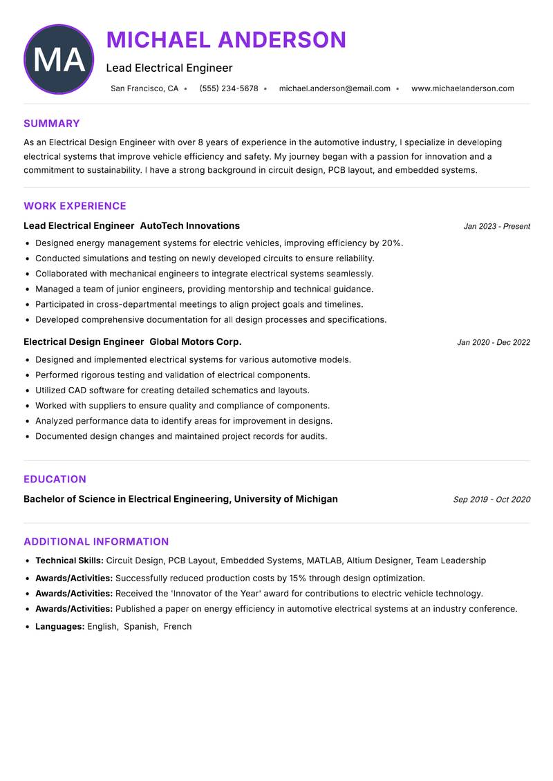 Electrical Design Engineer Resume Preview Example