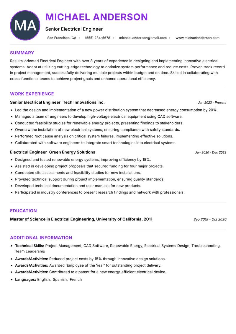 Electrical Engineer Resume Preview Example
