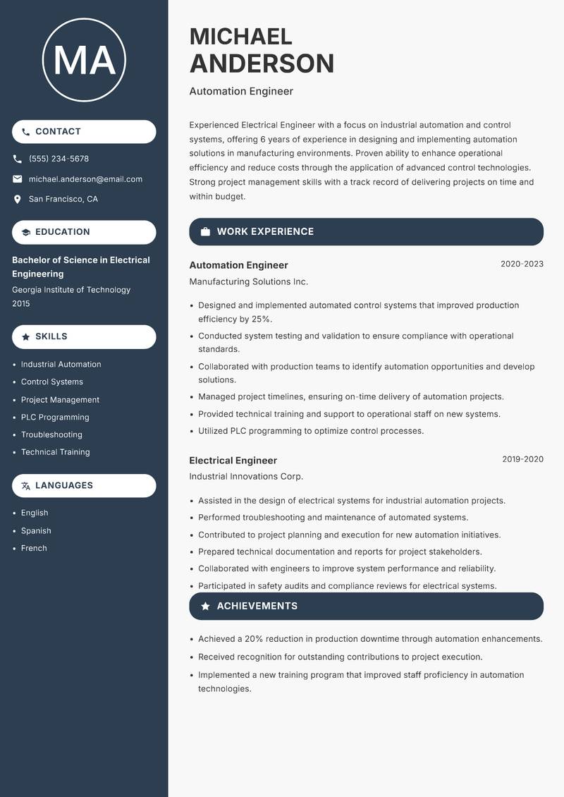 Electrical Engineer Resume Preview Example