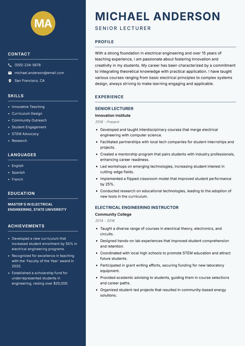 Electrical Engineering Educator Resume Preview Example