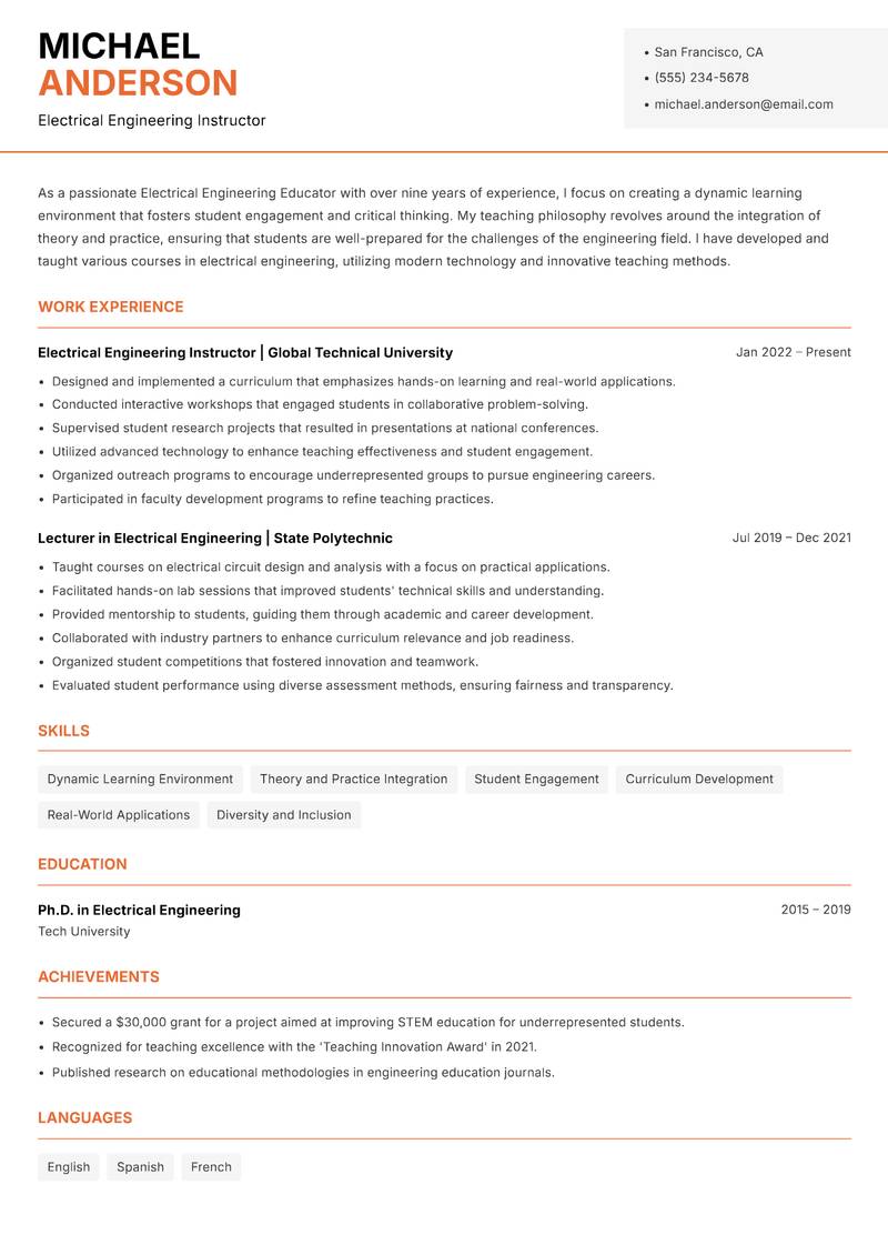 Electrical Engineering Educator Resume Template
