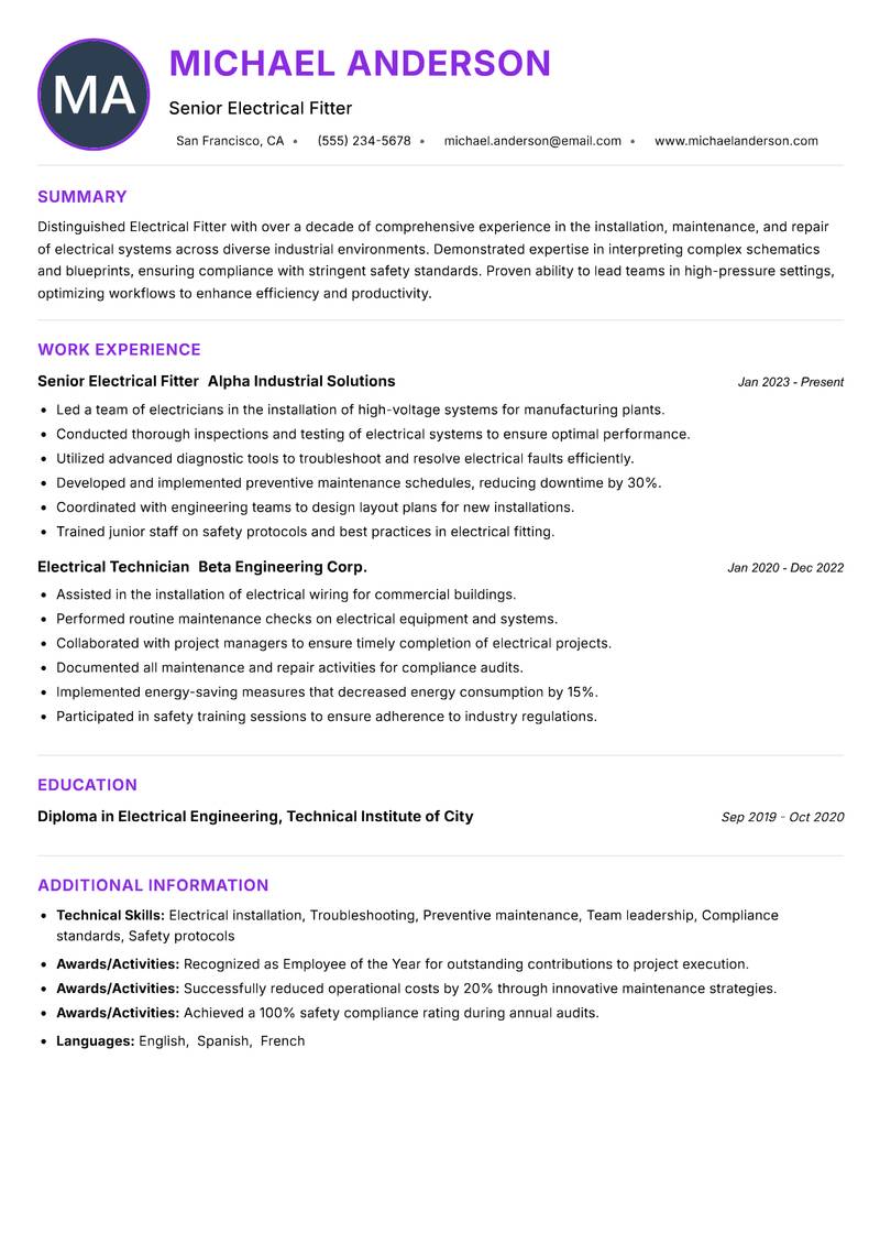 Electrical Fitter Resume Preview Example