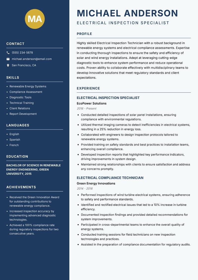 Electrical Inspection Technician Resume Preview Example