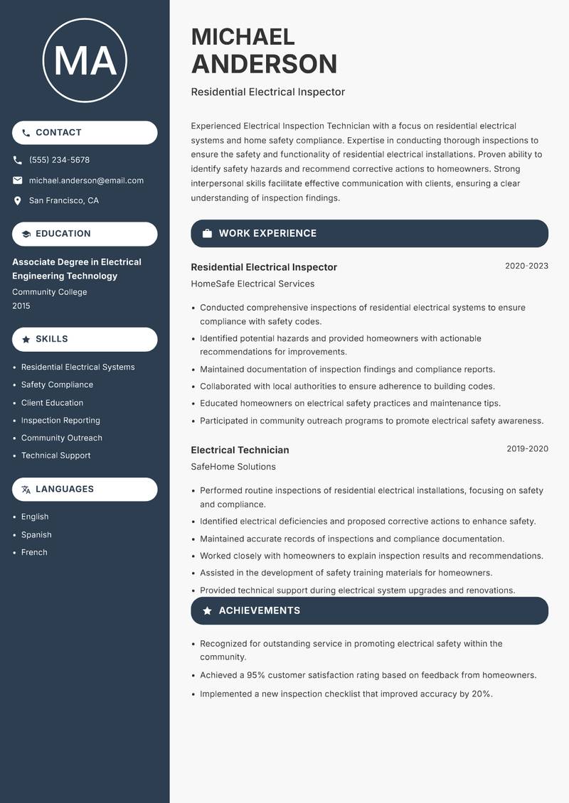 Electrical Inspection Technician Resume Preview Example