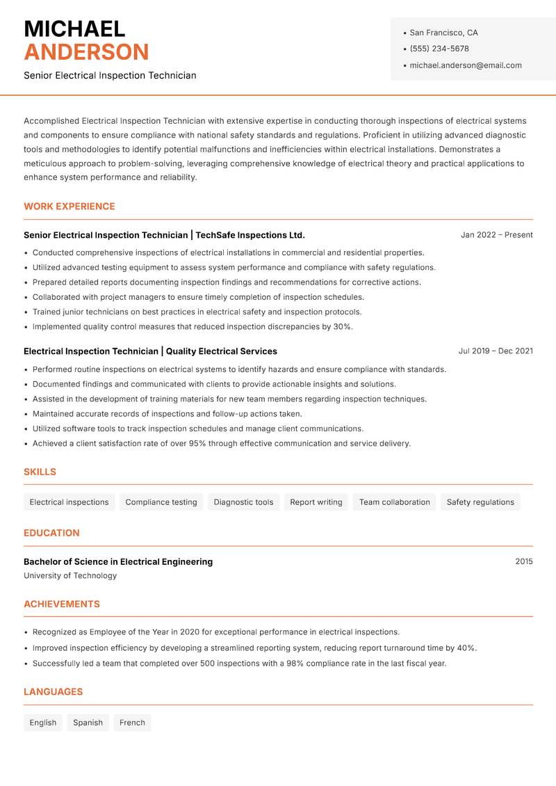 Electrical Inspection Technician Resume Template
