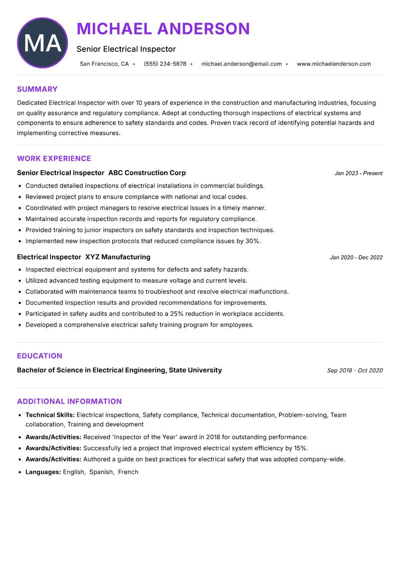 Electrical Inspector Resume Preview Example