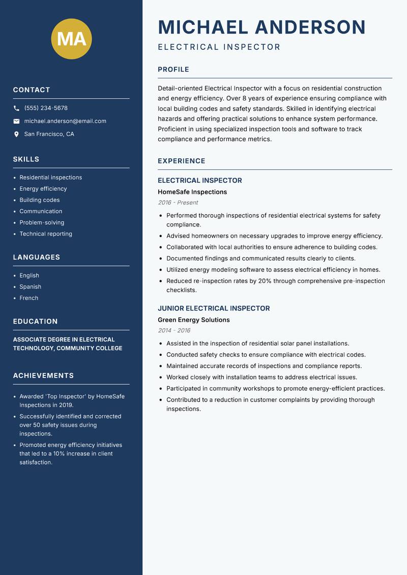 Electrical Inspector Resume Preview Example