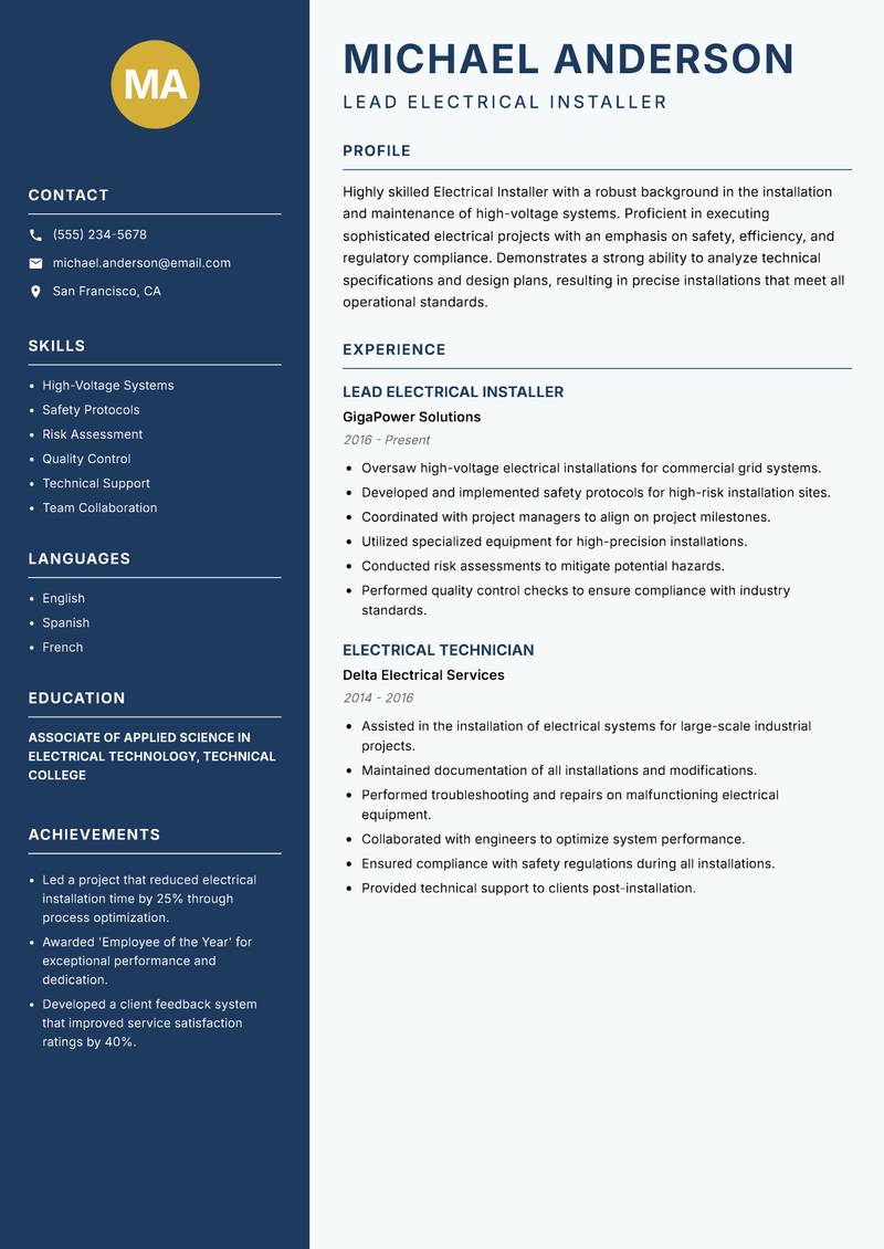 Electrical Installer Resume Preview Example
