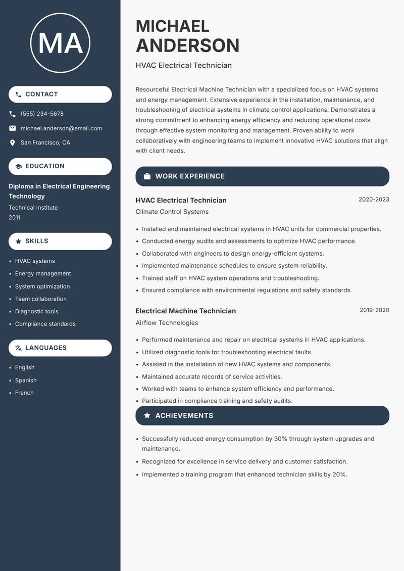 Electrical Machine Technician Resume Preview Example