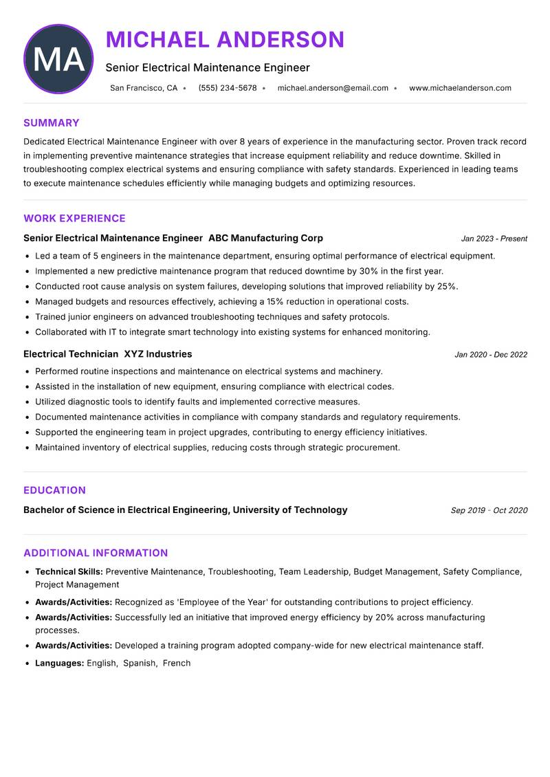 Electrical Maintenance Engineer Resume Preview Example