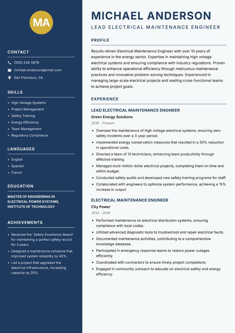Electrical Maintenance Engineer Resume Preview Example