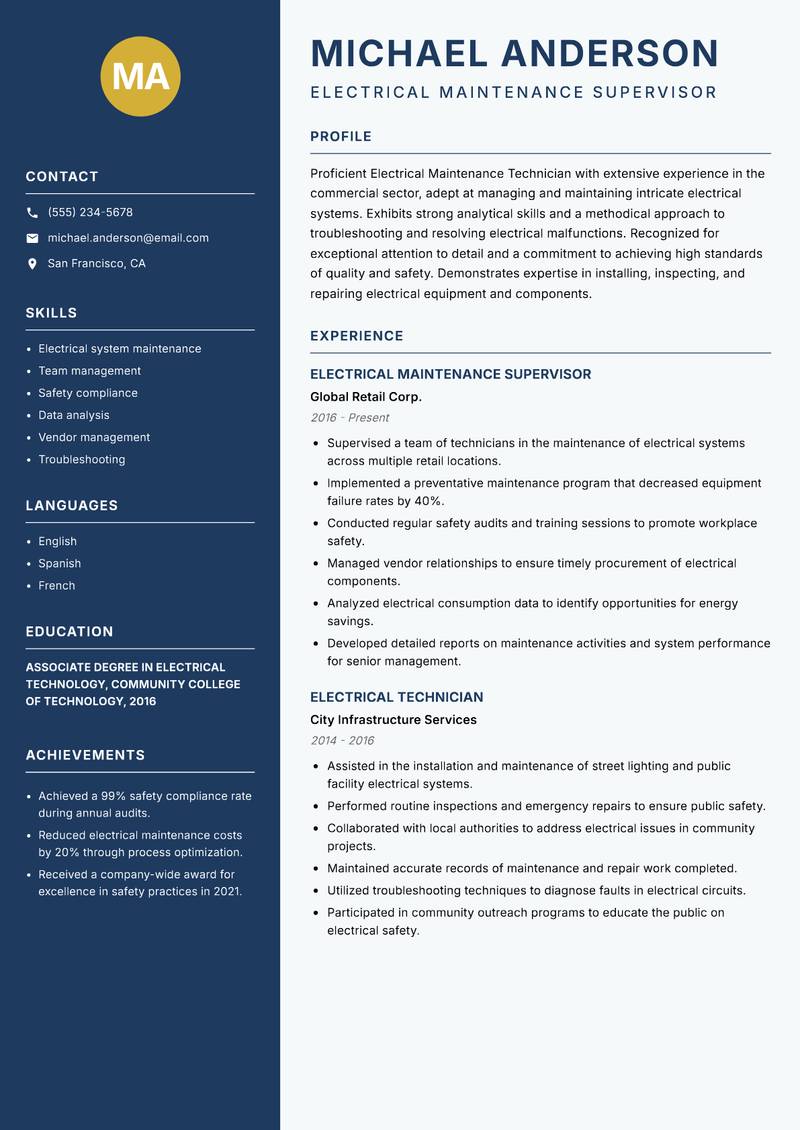 Electrical Maintenance Technician Resume Preview Example