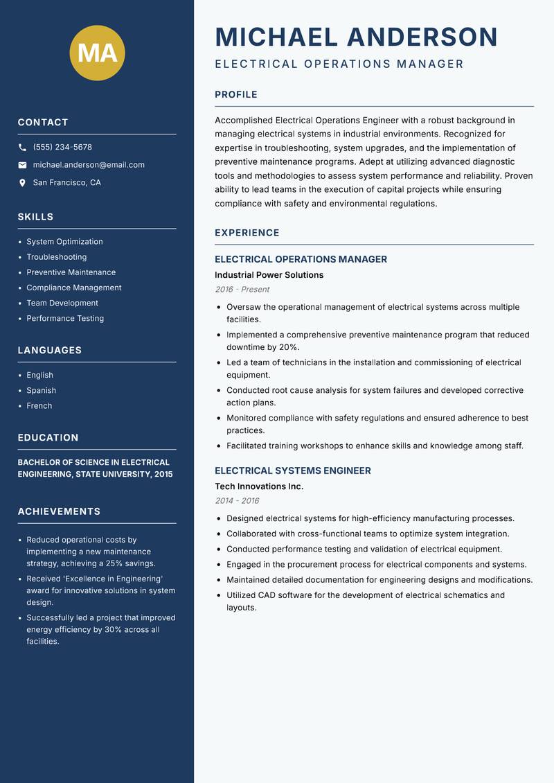 Electrical Operations Engineer Power Resume Preview Example