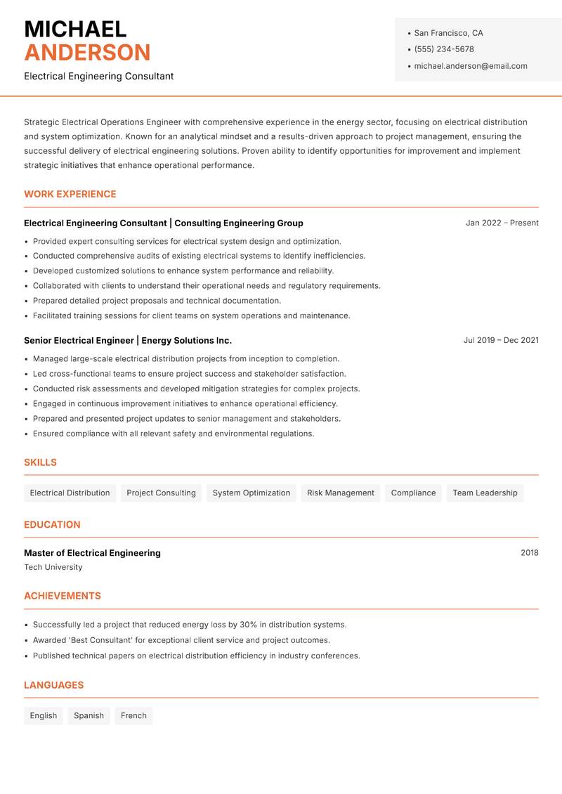 Electrical Operations Engineer Power Resume Template