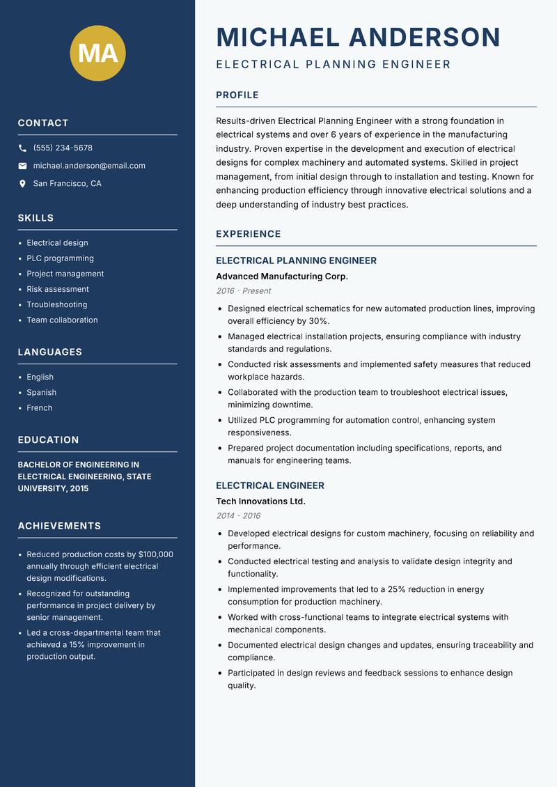 Electrical Planning Engineer Resume Preview Example