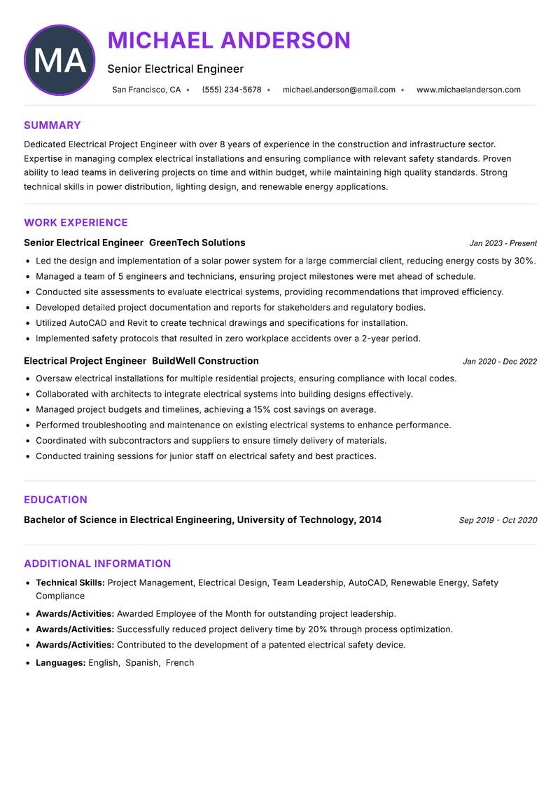 Electrical Project Engineer Resume Preview Example