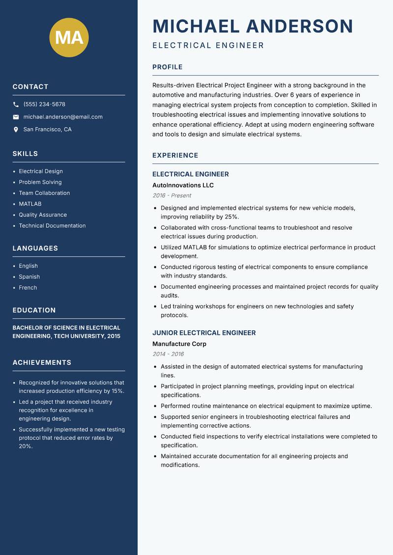 Electrical Project Engineer Resume Preview Example