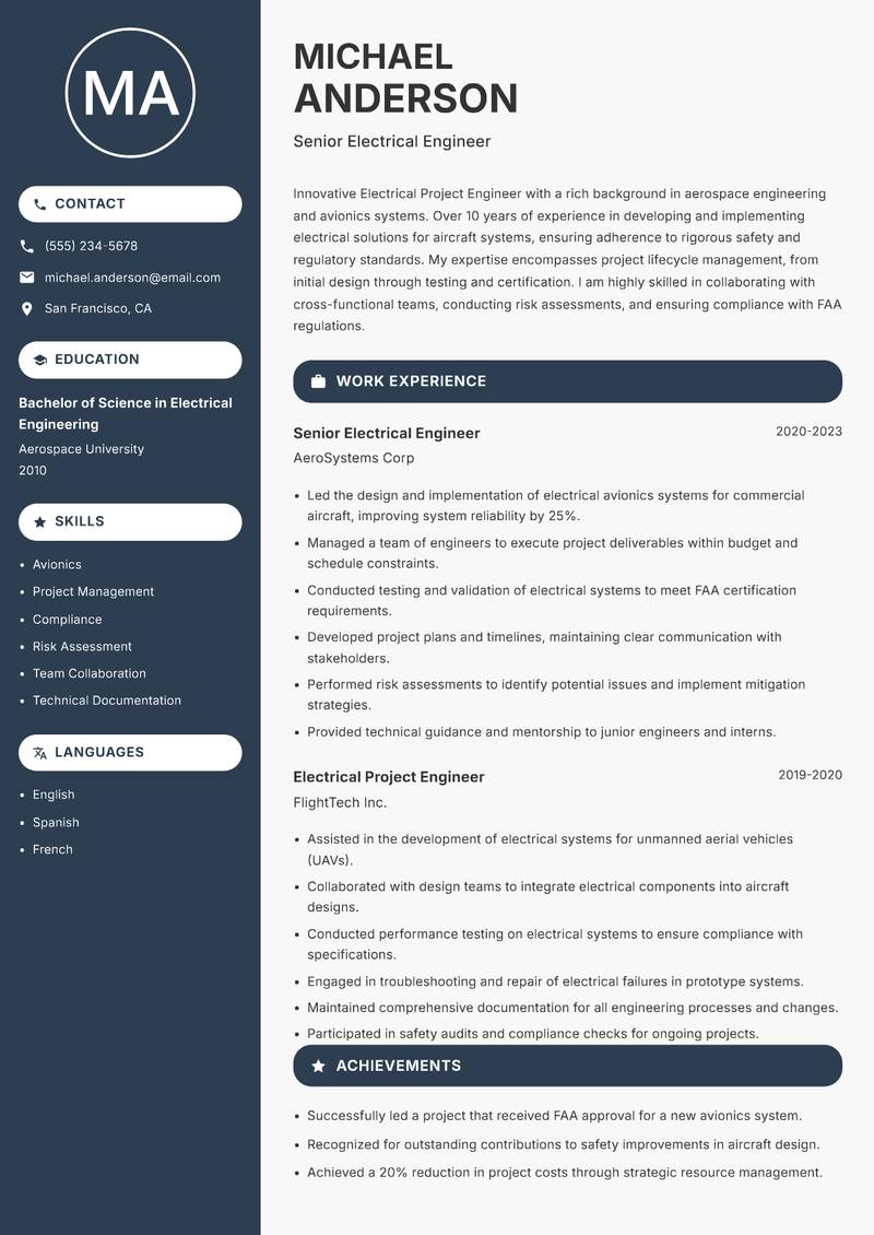 Electrical Project Engineer Resume Preview Example