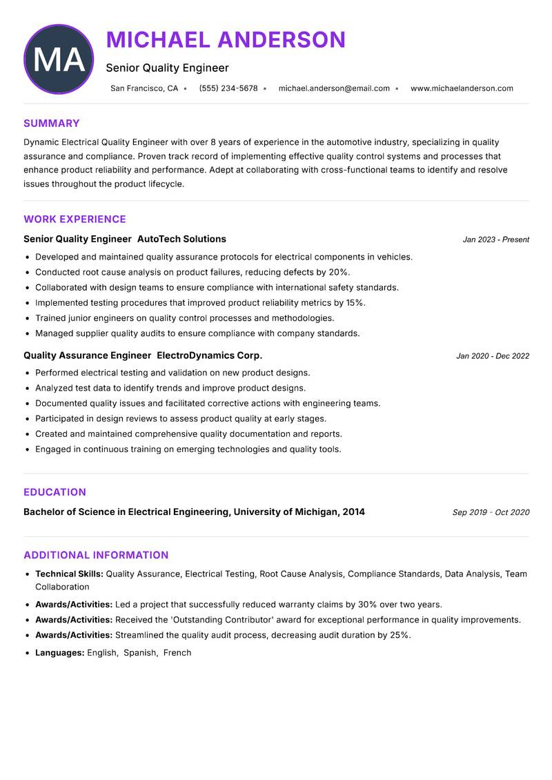 Electrical Quality Engineer Resume Preview Example