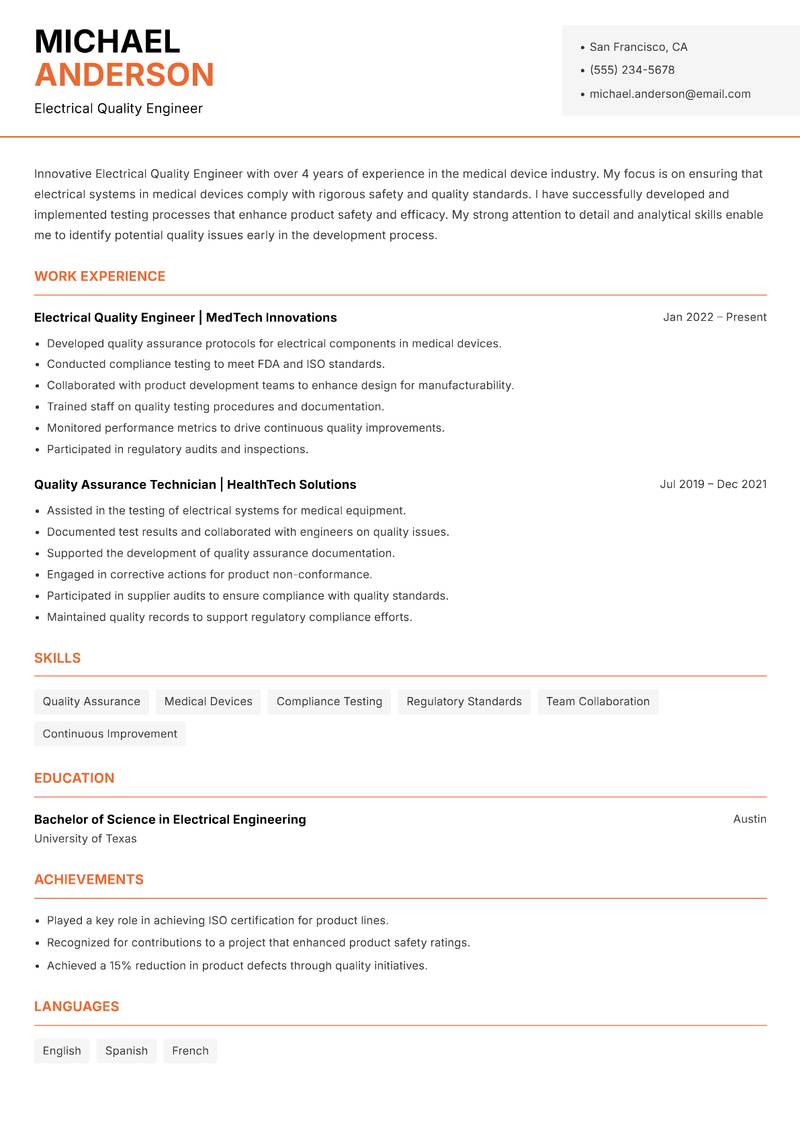 Electrical Quality Engineer Resume Template