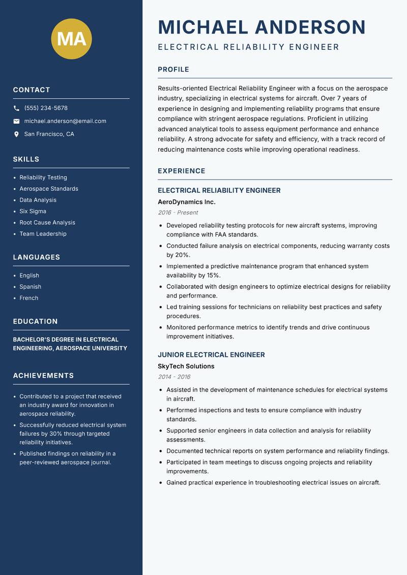 Electrical Reliability Engineer Resume Preview Example