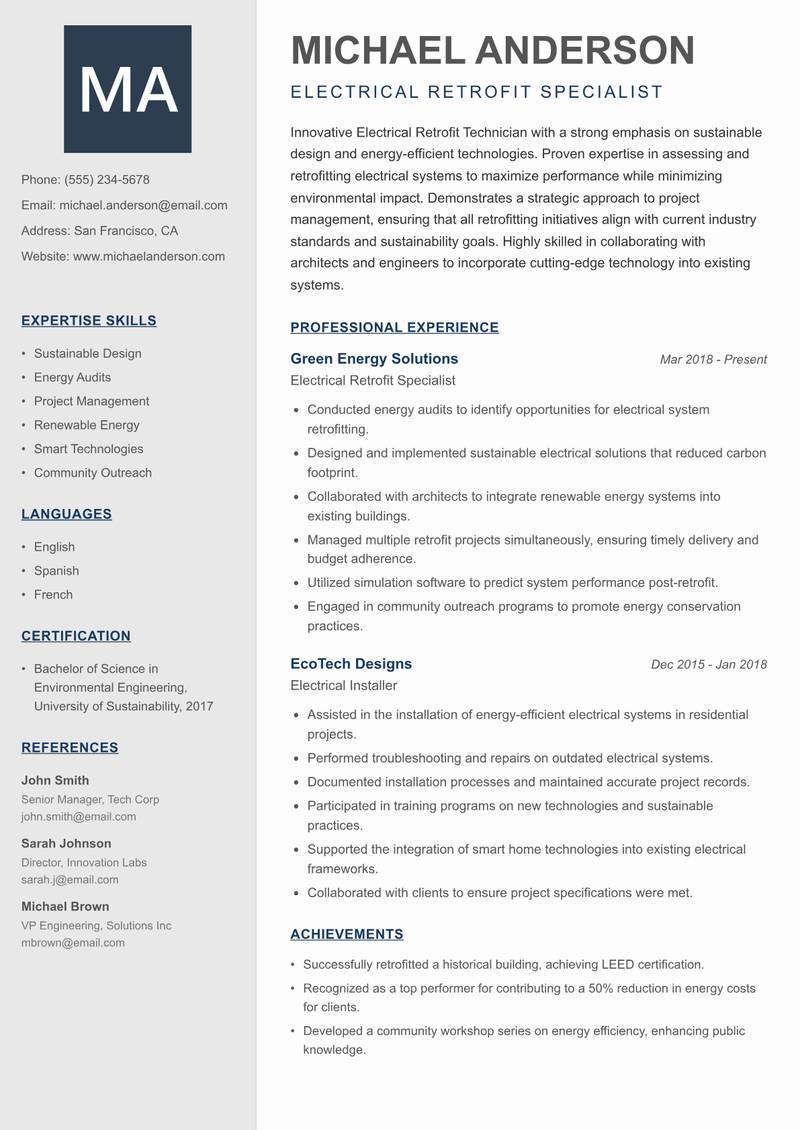 Electrical Retrofit Technician Resume Preview Example