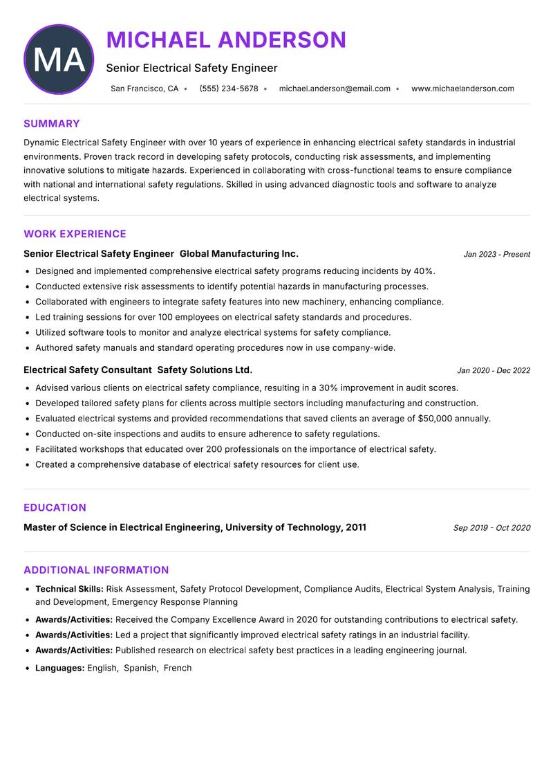 Electrical Safety Engineer Resume Preview Example