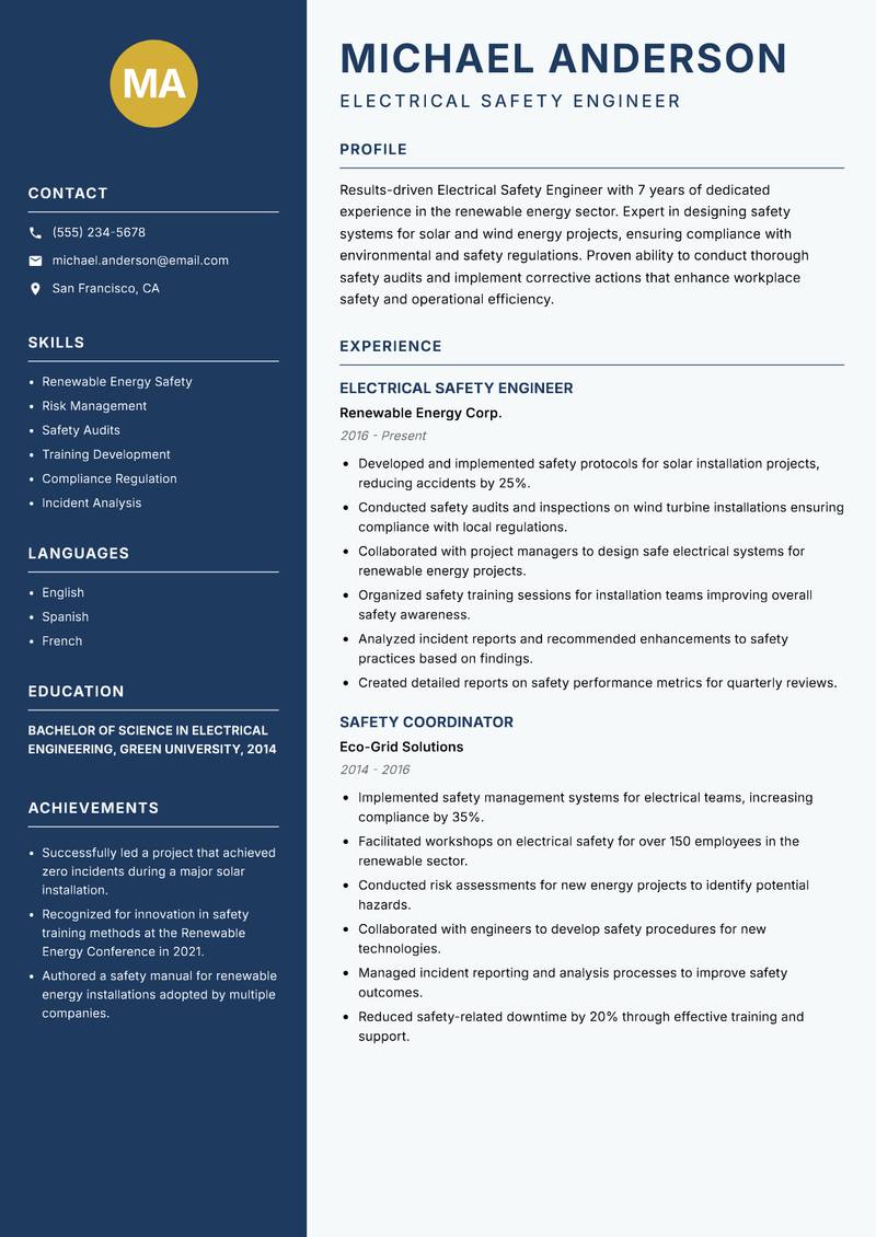 Electrical Safety Engineer Resume Preview Example