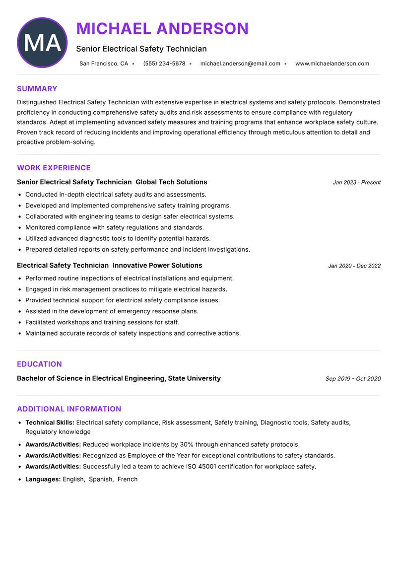 Electrical Safety Technician Resume Preview Example