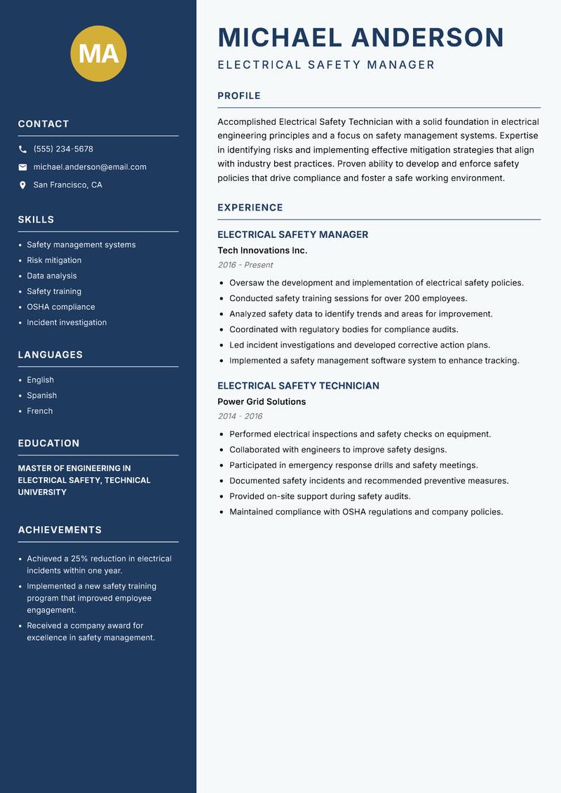 Electrical Safety Technician Resume Preview Example