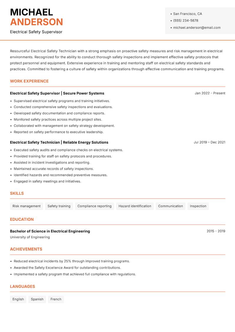 Electrical Safety Technician Resume Template
