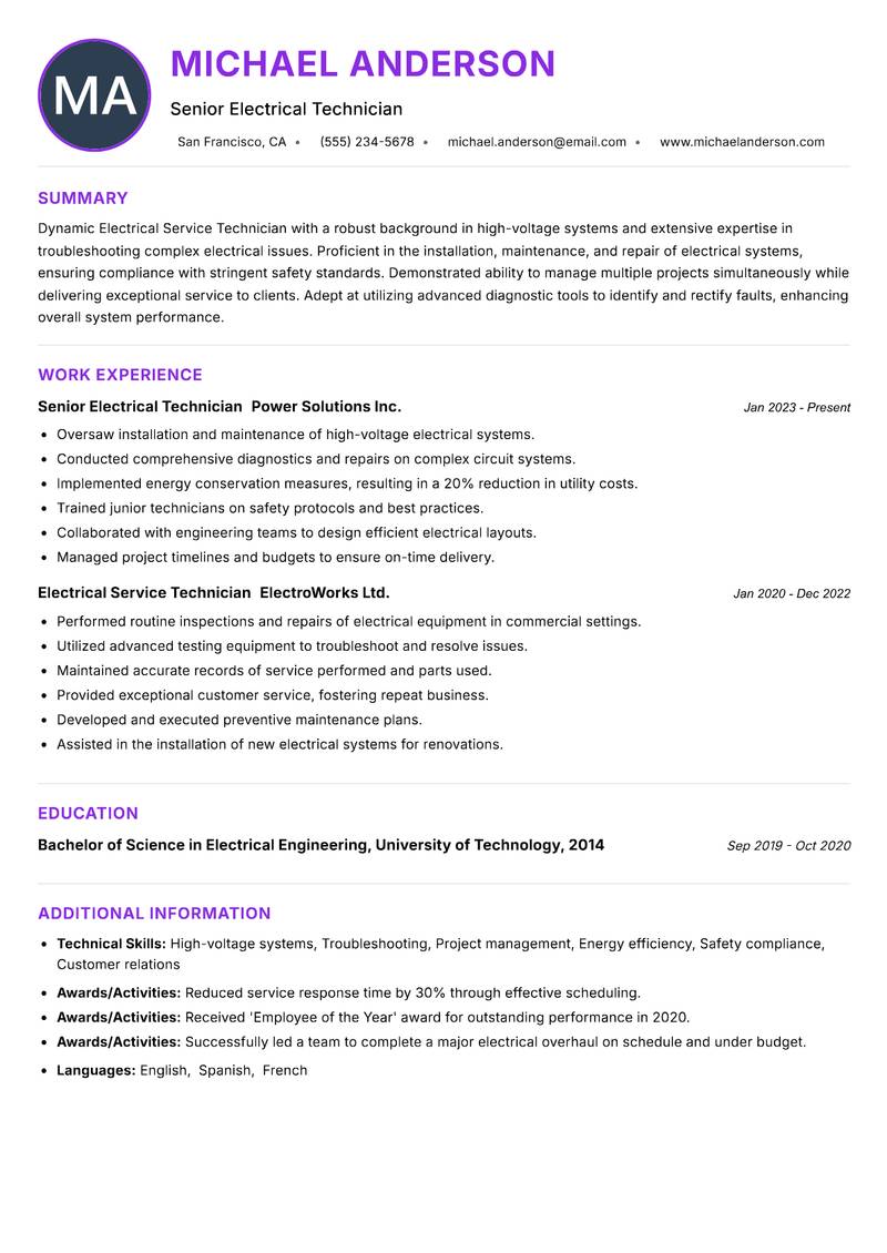 Electrical Service Technician Resume Preview Example