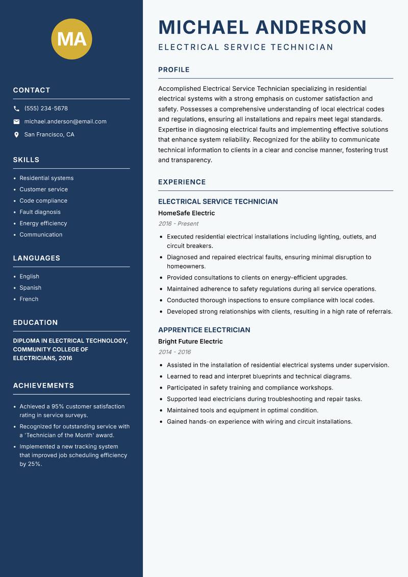 Electrical Service Technician Resume Preview Example