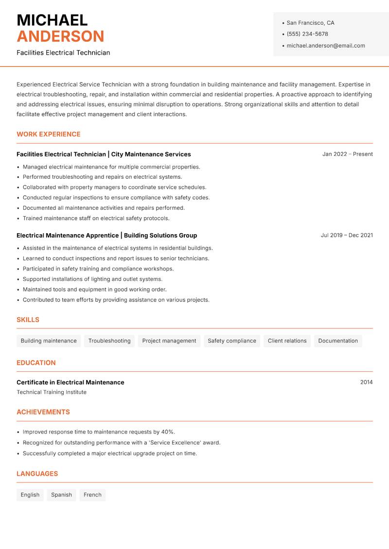 Electrical Service Technician Resume Template