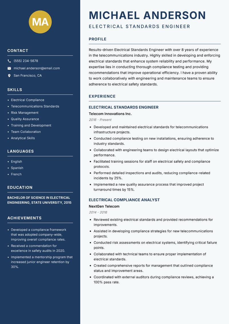 Electrical Standards Engineer Resume Preview Example