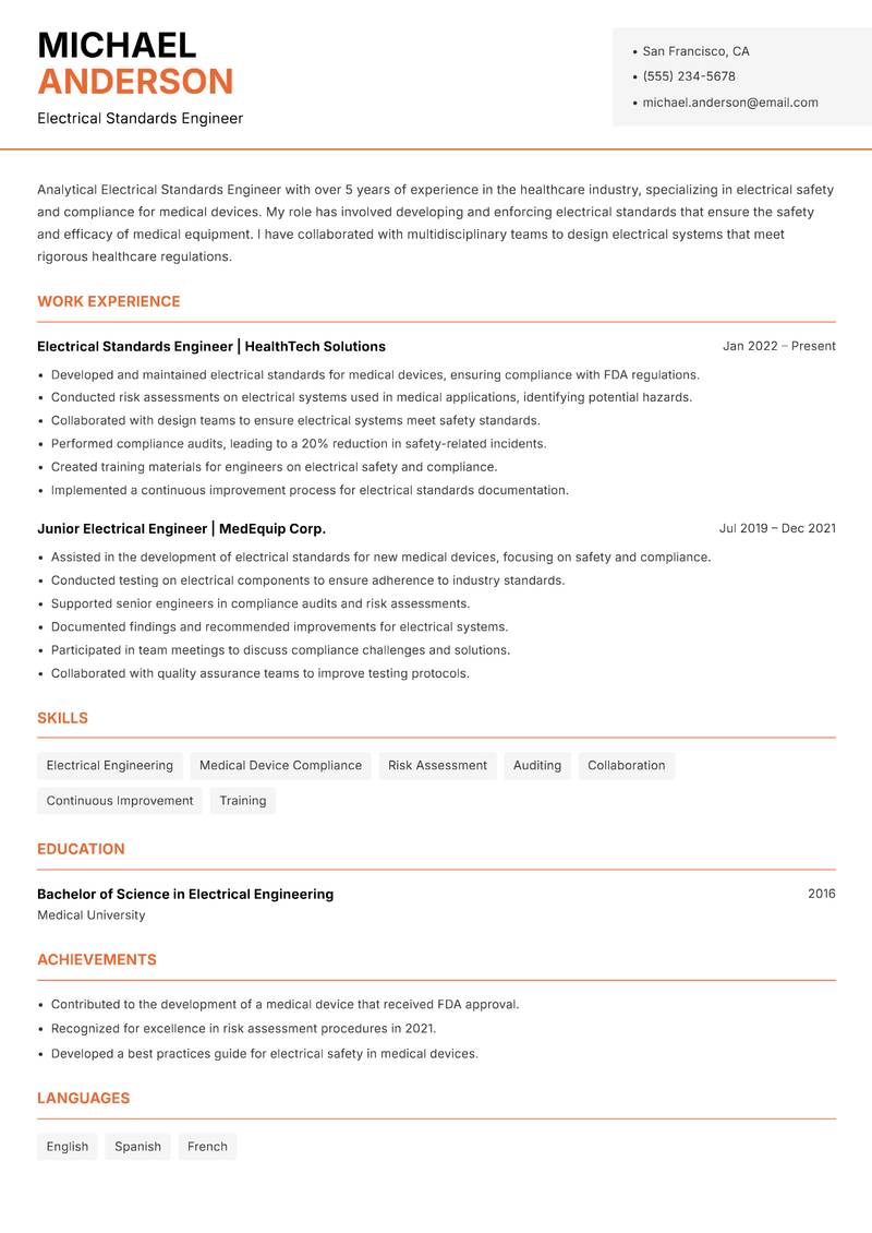Electrical Standards Engineer Resume Template