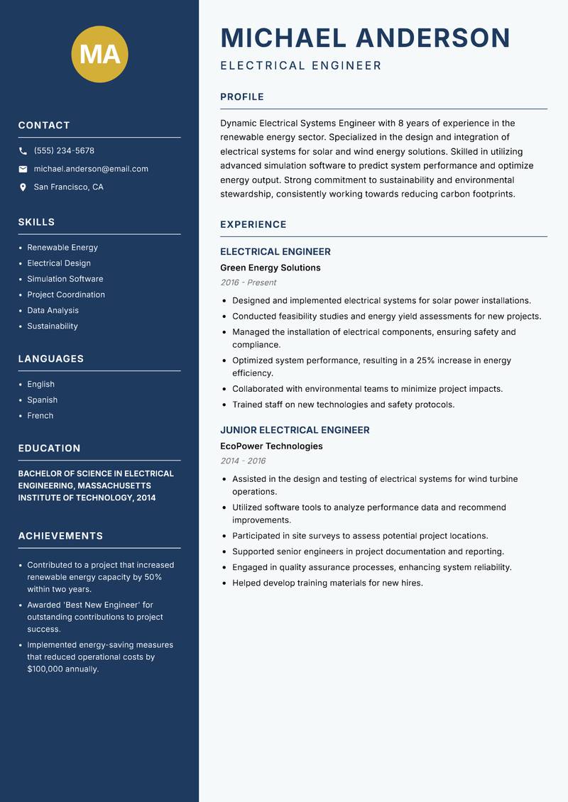 Electrical Systems Engineer Resume Preview Example